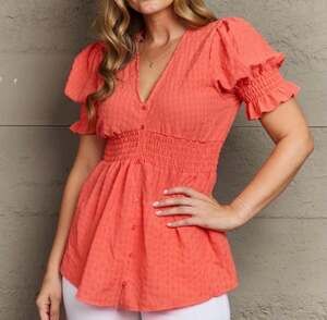 Culture Code Coral Smocked Waist Puff Sleeve Button Front Peplum Blouse